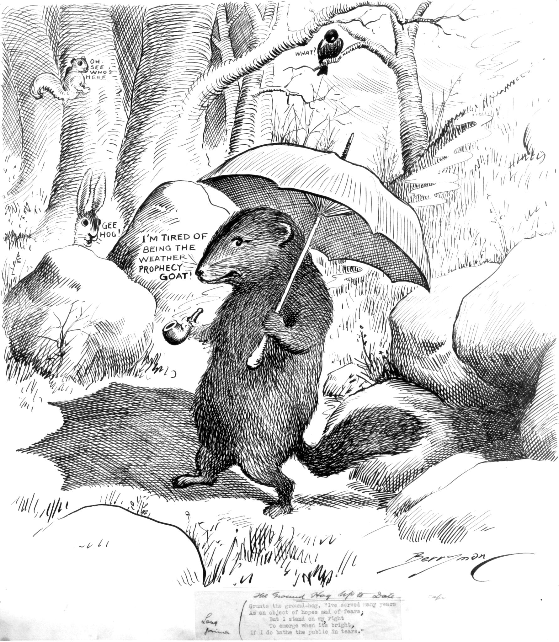 A cartoon groundhog strolls out of its burrow, holding an umbrella and pipe, exclaiming, "I'm tired of being the weather prophecy goat!"