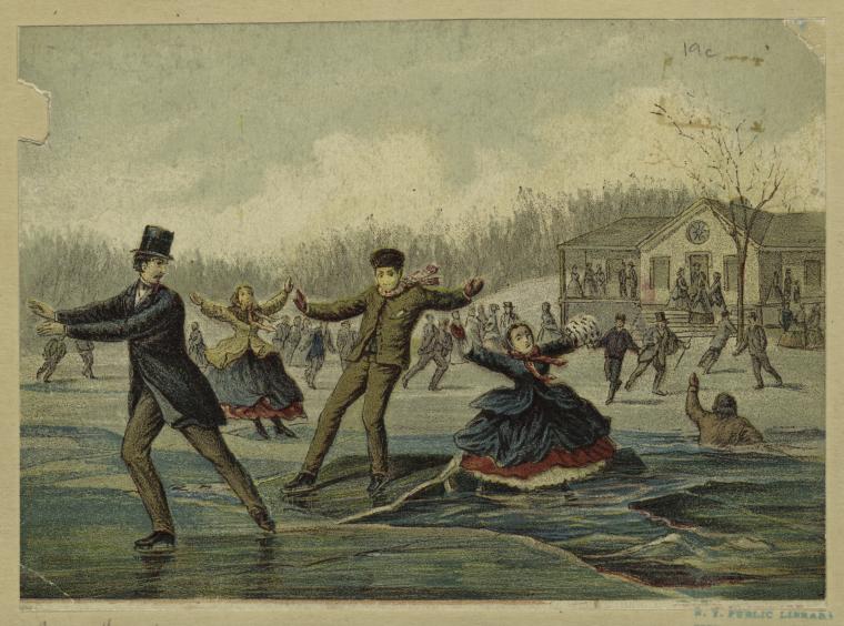 In an archival illustration, panicked 19th century folk flounder on ice skates as the surface cracks beneath them.