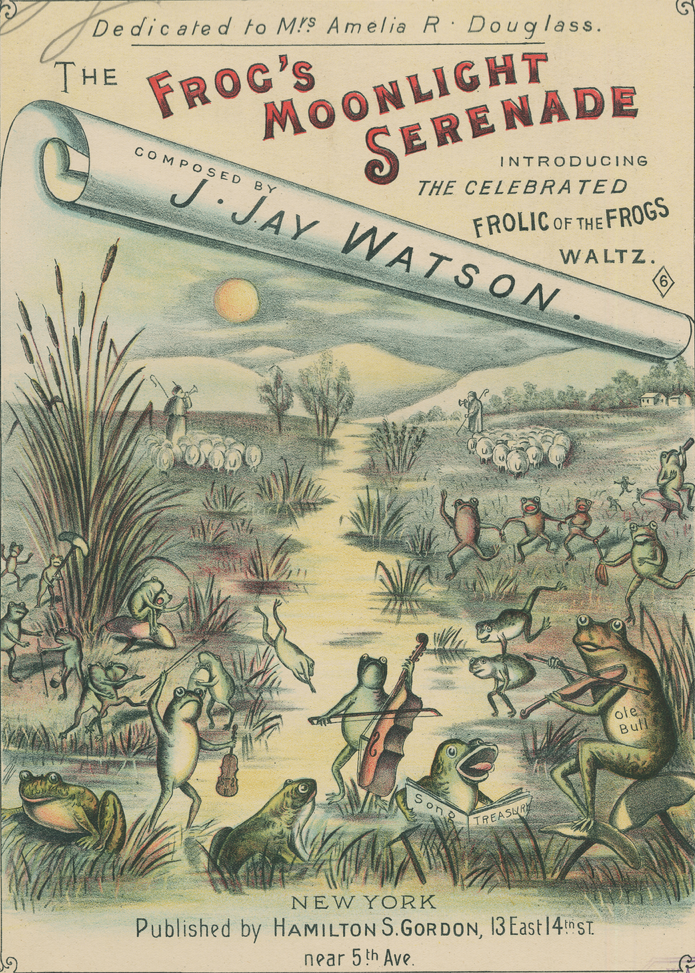 The cover of a piece of sheet music depicts frogs cavorting, canoodling, and making music under the moonlight.