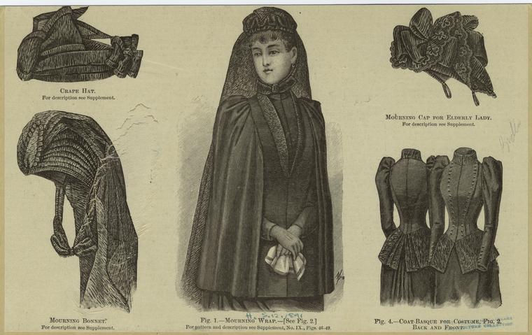 19th century illustration of various pieces mourning garb--crepe hat, mourning bonnet, mourning cape, etc.--to be worn by sorrowing widows.