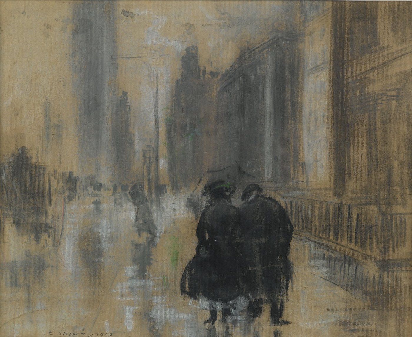 A boldly sketched couple stand out in the forefront of a wet, windy city scene.
