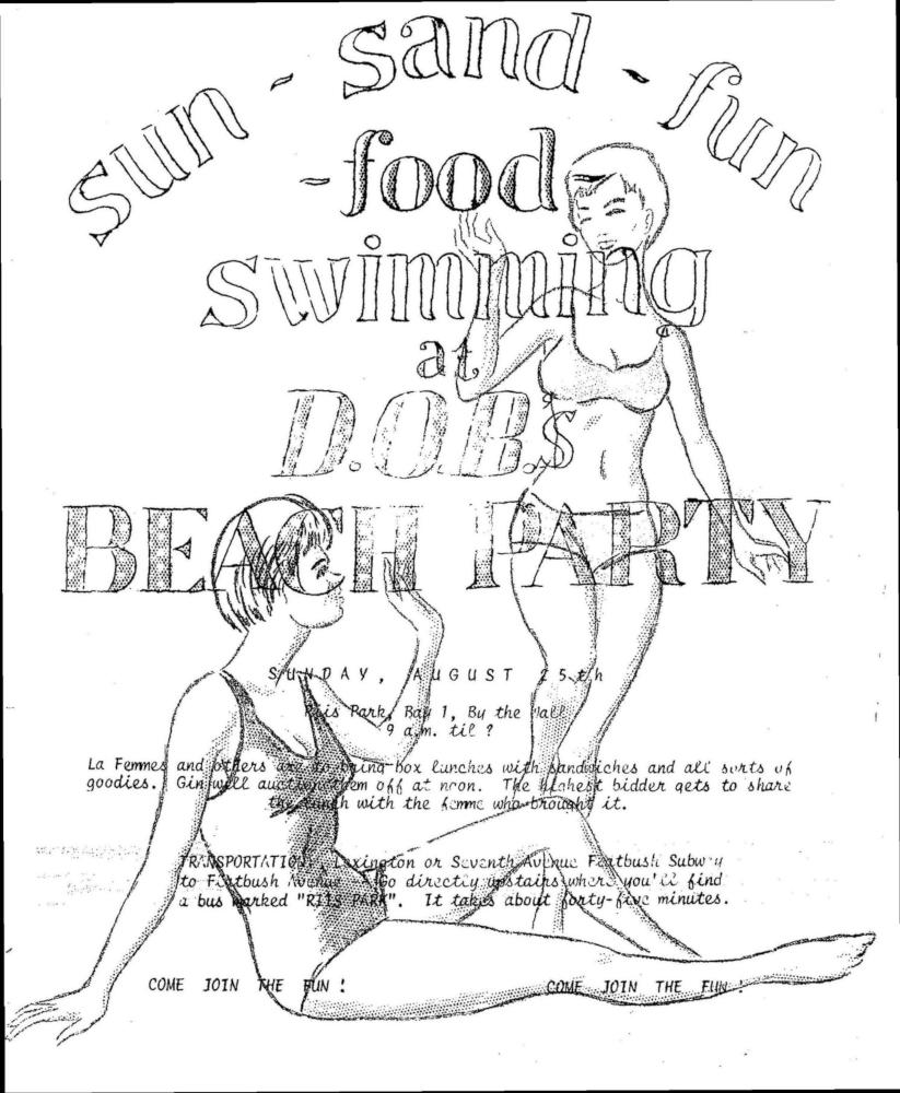 A photocopied flier reading "Sun - Sand - Fun - Food - Swimming at D.O.B.'s Beach Party" features two women in swimsuits.