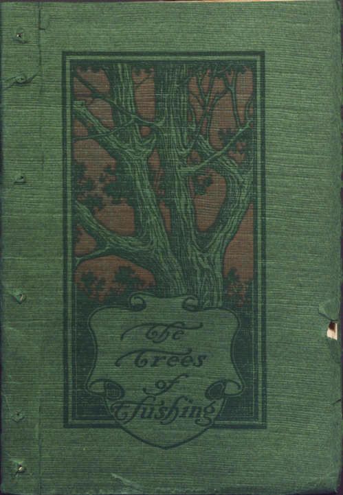 Book cover for "The Trees of Flushing," featuring the title in flourishing serifed font and the illustration of a rugged tree trunk. 