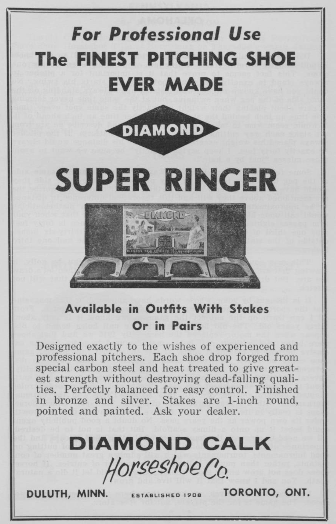 A magazine advertisement for Diamond Super Ringer professional horseshoes promises they are "perfectly balanced for easy control" and available in bronze and silver.