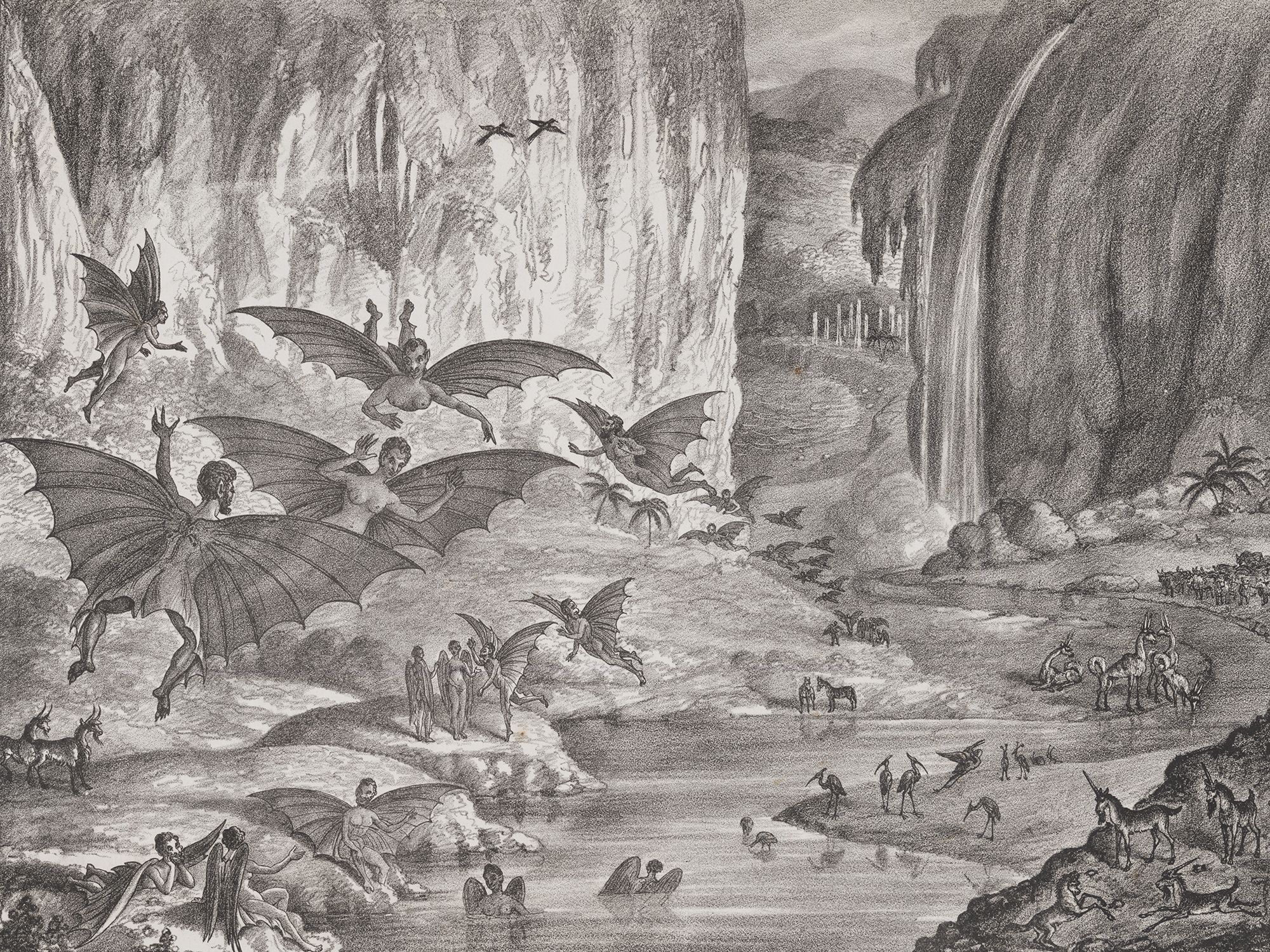 An archival engraving depicts bat-winged humanoids frolicking above a fantastic landscape.