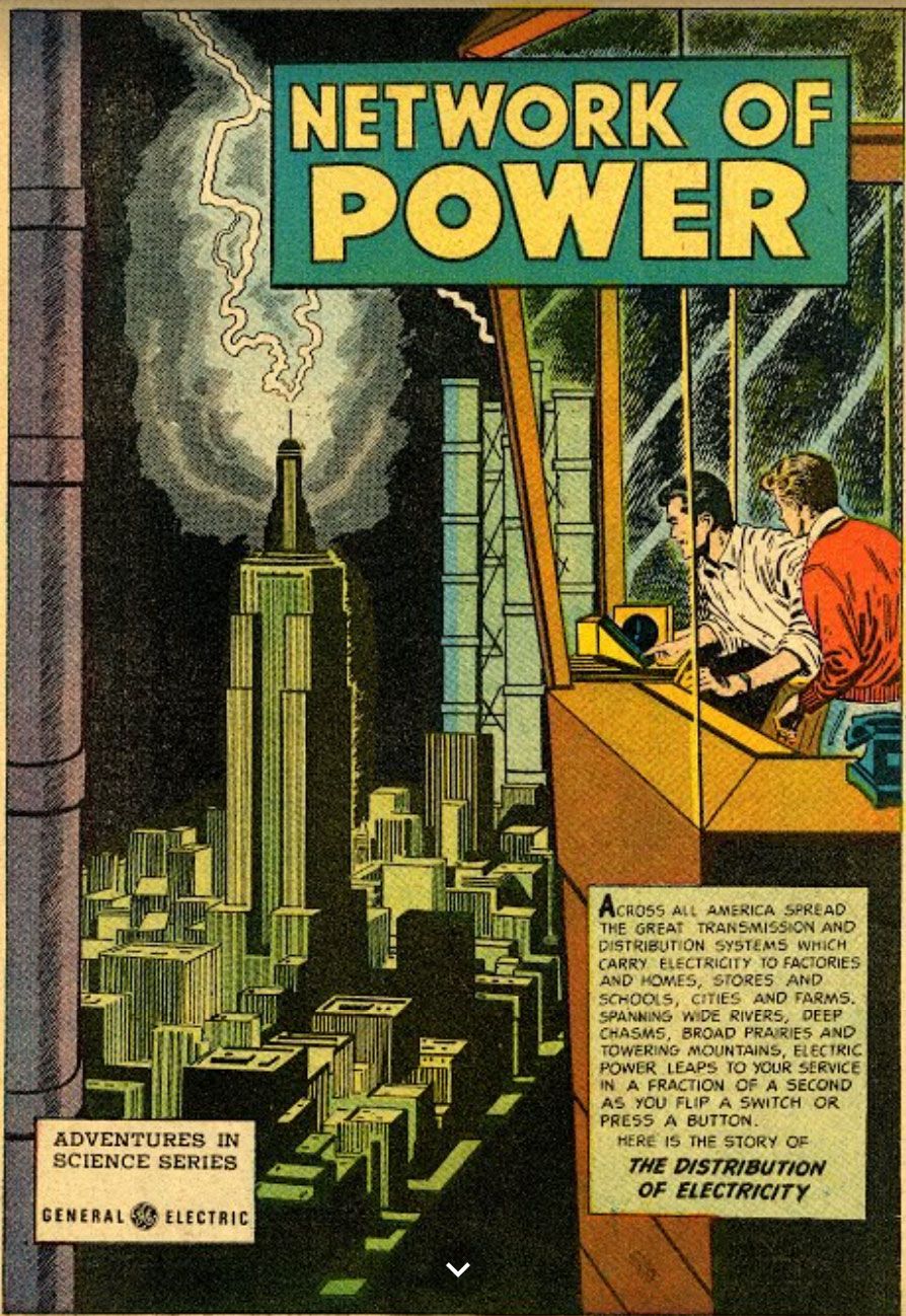 A comic book cover depicts two boy-detective-looking scientists observing a lightning strike on the Empire State Building from the enclosed safety of a glass observation tower.