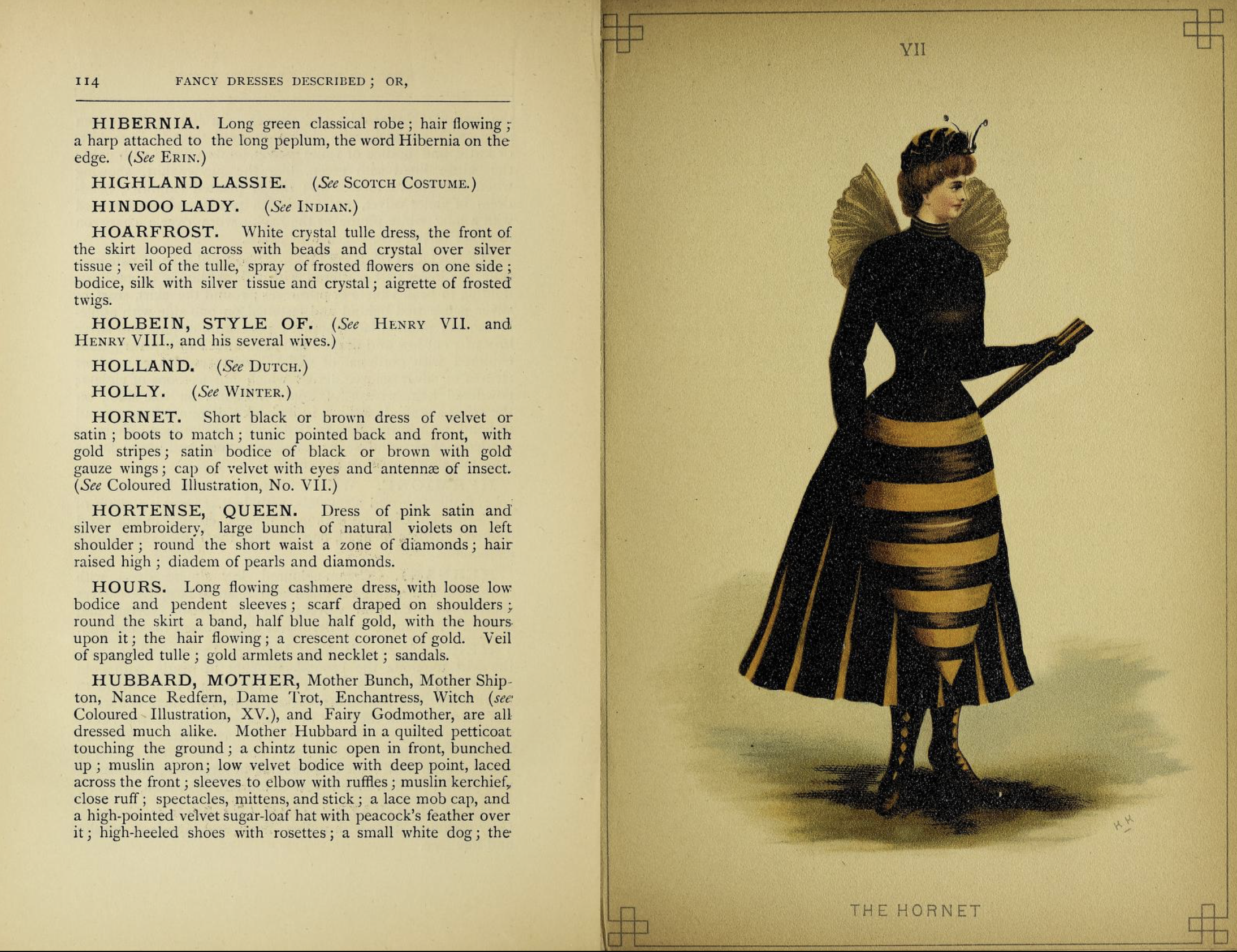 Illustrated book from the Victorian Era. A color plate on one page depicts a woman in fancy dress, wearing small wings and a hornet stripe-inspired skirt.