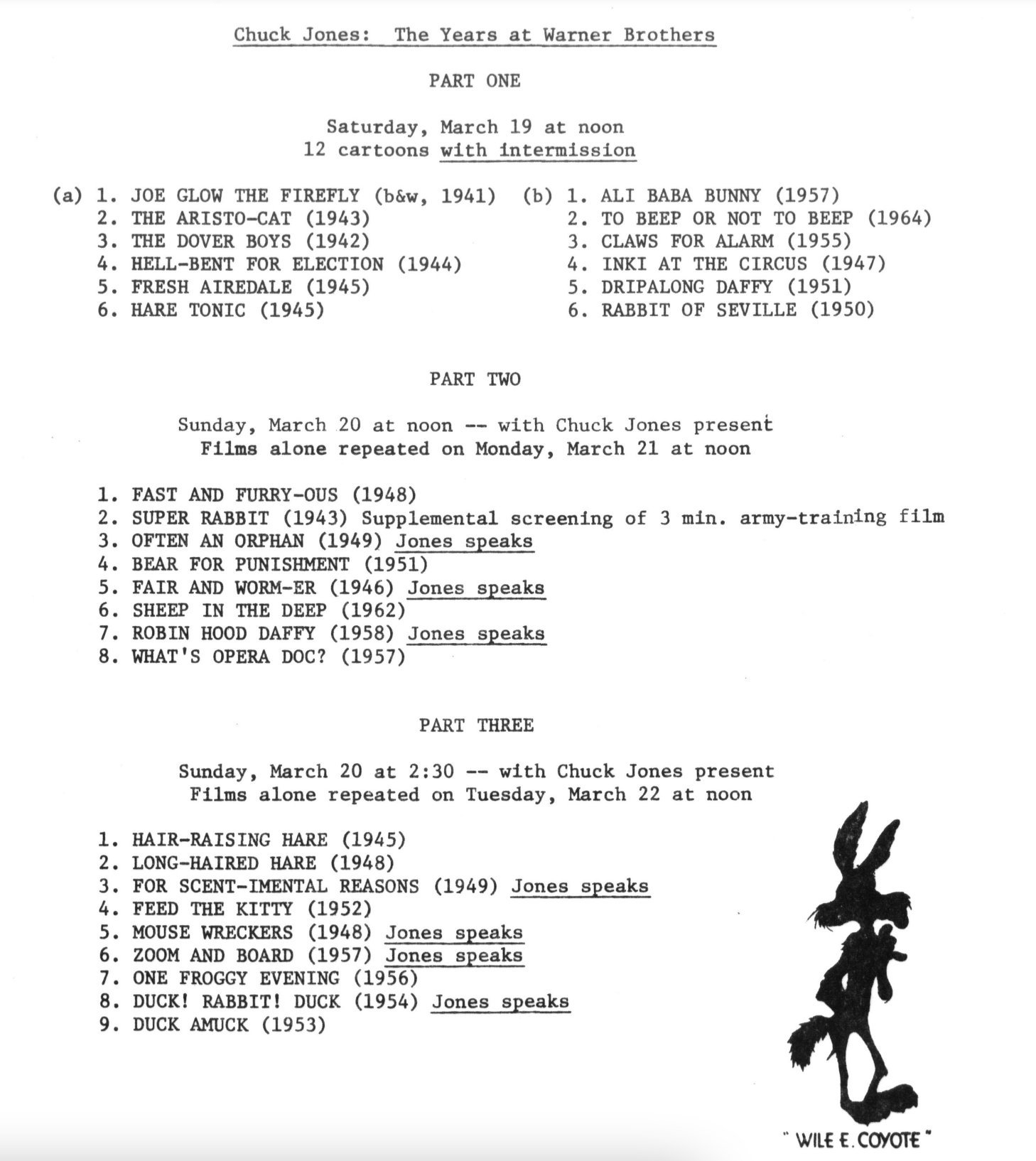 A film program lists dates, times, and titles of Chuck Jones Warner Brothers cartoons. A silhouette of Wile E. Coyote appears at the bottom right.