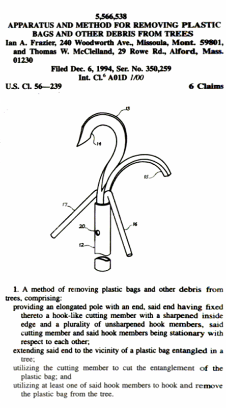 Selection from a US Patent Gazette showing patent no. 5,556,538: "Apparatus and Method for Removing Plastic Bags and Other Debris From Trees." Illustration shows a hook-like device.