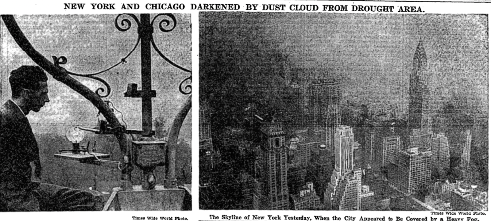 Archival newspaper clipping with headline "New York and Chicago Darkened By Dust Cloud From Drought Area" shows a meteorologist at work and the city skyline obscured by swirling dust.
