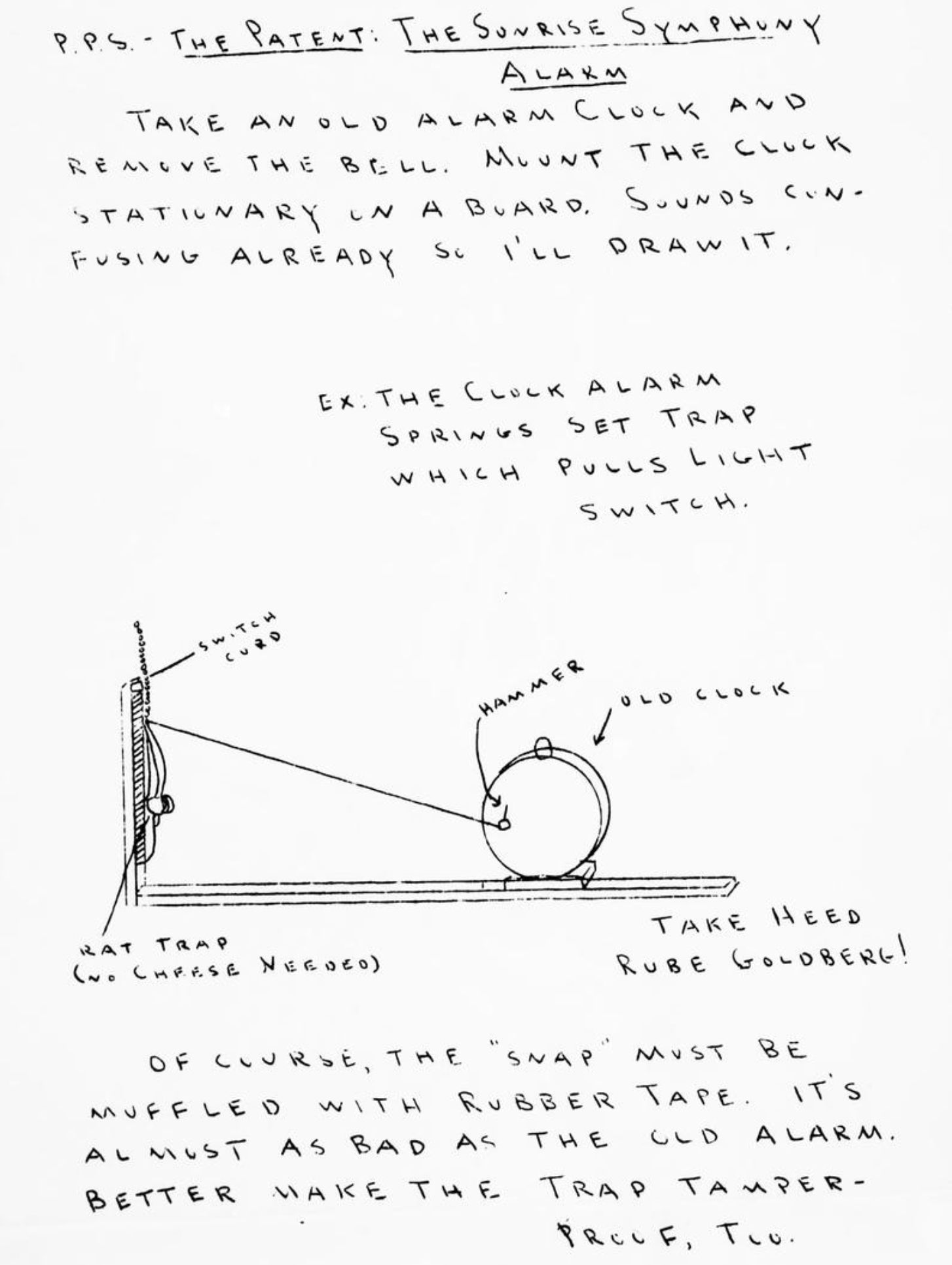 Hand-written letter outlining instructions for building a "Sunrise Symphony Alarm," and including a sketch with a string spanning from an alarm clock hammer to a rat trap rigged to a radio switch.