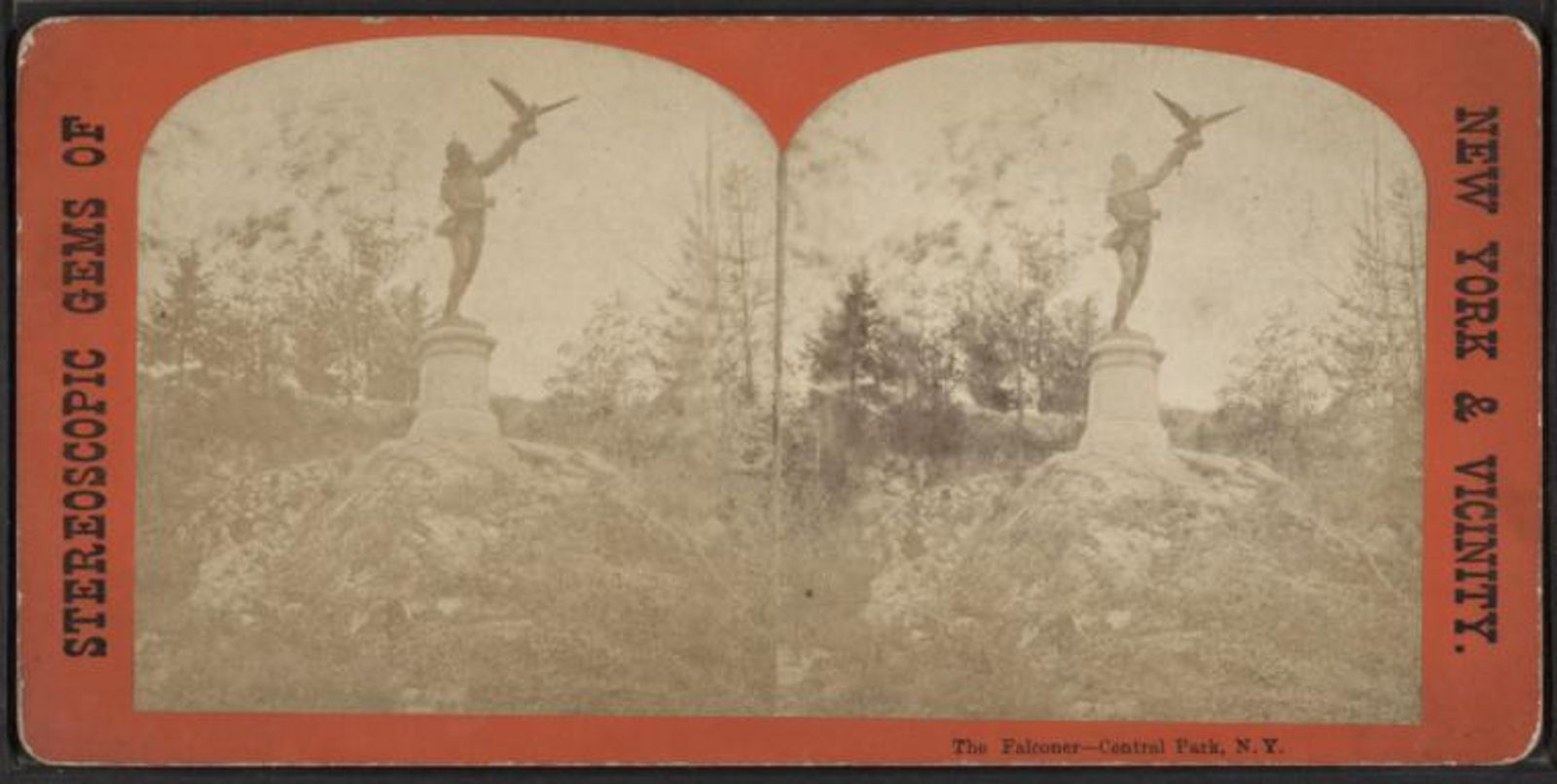 An archival stereoscopic card—two identical images of a statue of a man with outstretched arm on which a falcon is landing.