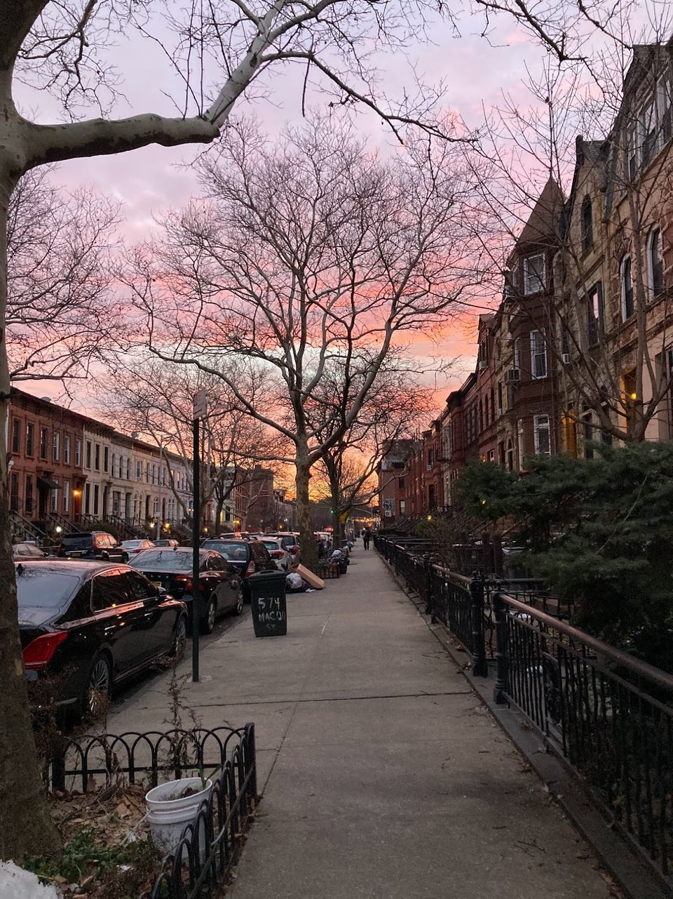 The sun rises over Brooklyn brownstones. Trash awaits pick-up on the curb, and streetlights still pinprick the block. 